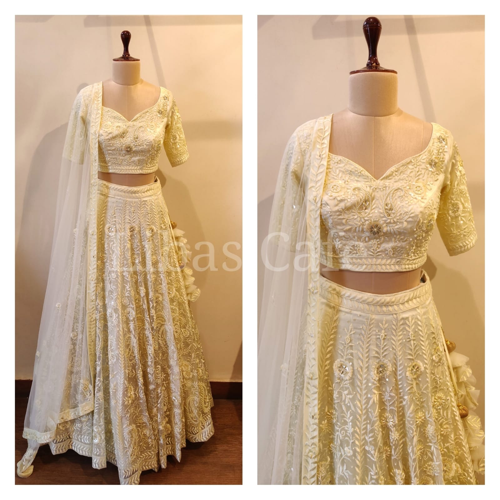 Lemon Ivory Pearl Embroidered Bridal Lehenga
